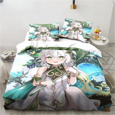 Nieuwe Genshin Impact Nahida Kawaii Schattige Cartoon Nahida Koning Tweeling Dubbel Kinder Beddengoed Set Microvezel of Polyester Dekbedovertrek Set