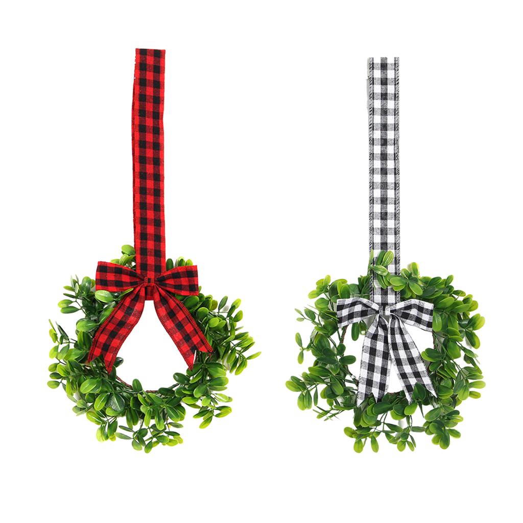 Mini Xmas Kitchen Cabinet Wreaths Small Xmas Artificial Wreaths with Plaid Bow for Door Window Wall