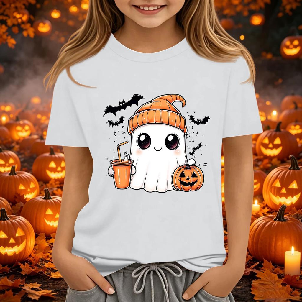 Kids' Halloween Printed Short Sleeve Neck T-Shirt, Loose Fit Top
