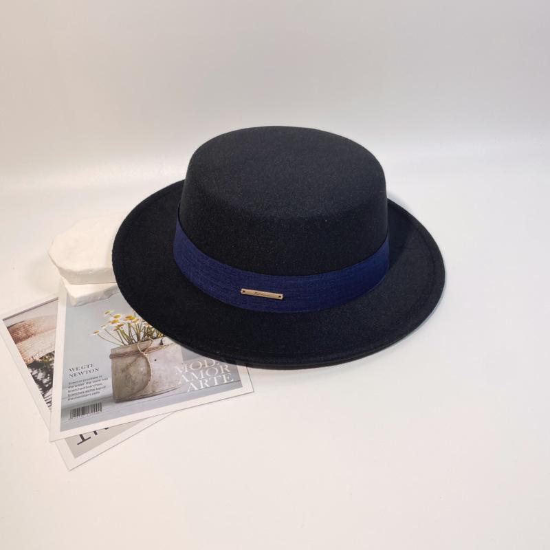 Celebrity French Temperament Flat Top Woolen Top Hat Women's Flat Edge Small Edge Felt Hat British Fashion Simple Autumn and Winter