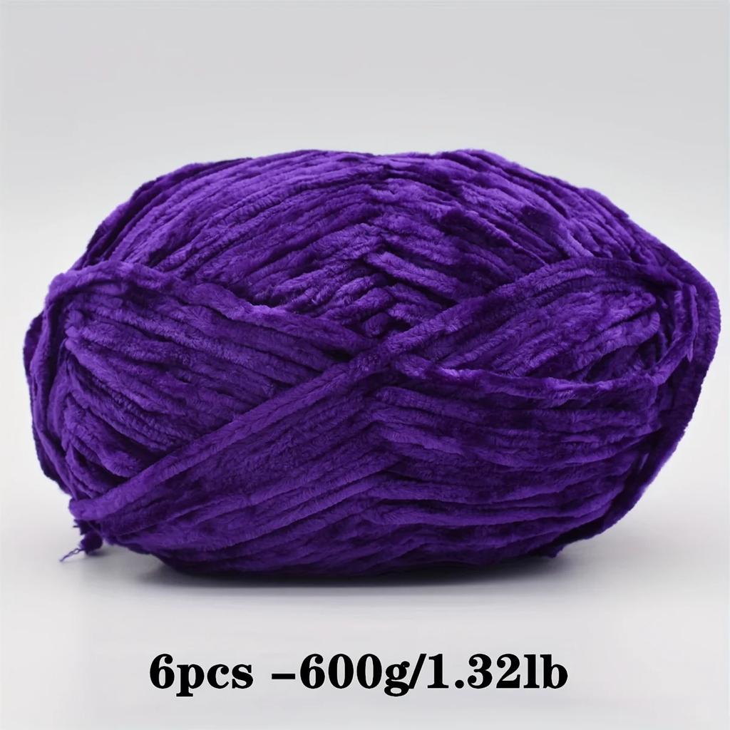 6-Pack Soft Chenille Velvet Yarn, 100g Each, 100% Polyester, Assorted Colors, for Crocheting Sweaters, Coats and DIY Crafts