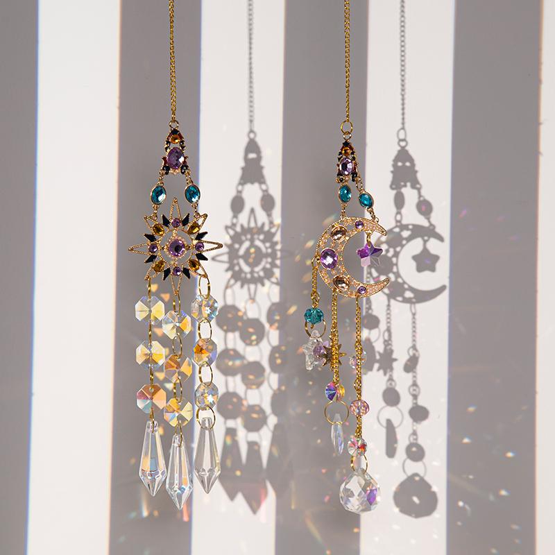 Crystal Suncatcher Prisms Rainbow Pendants Sun Moon Hanging Ornament Window Hanging Sun Catcher Wide Chime For Home Garden