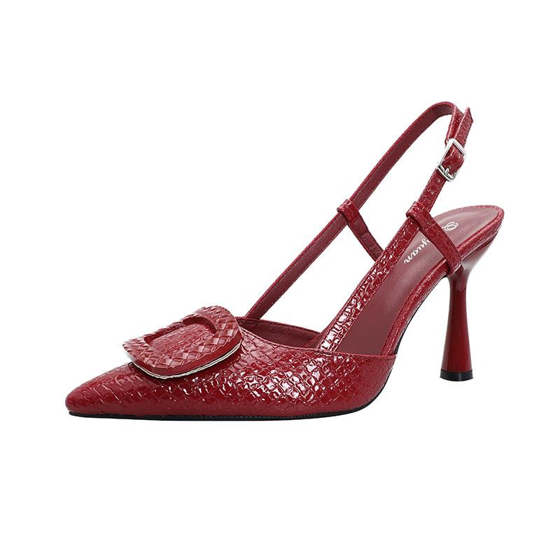 Baotou empty sandals women's 2025 new summer large size women's shoes red word with pointed high heels stiletto