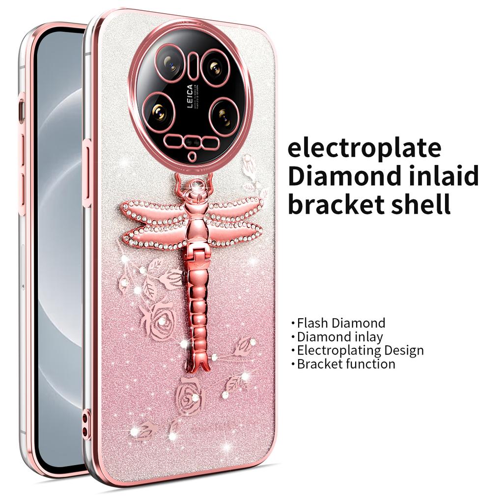 For Xiaomi 14 Ultra Case Dragonfly Kickstand TPU Flowers Glitter Phone Cover