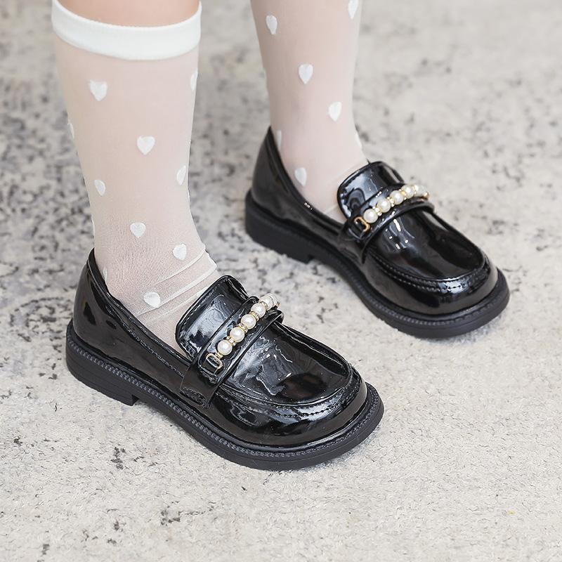 Girls Leather Shoes for School Party Wedding Kids Black Loafers Slip-on Children Flats Fashion British Style Pearls Beading New