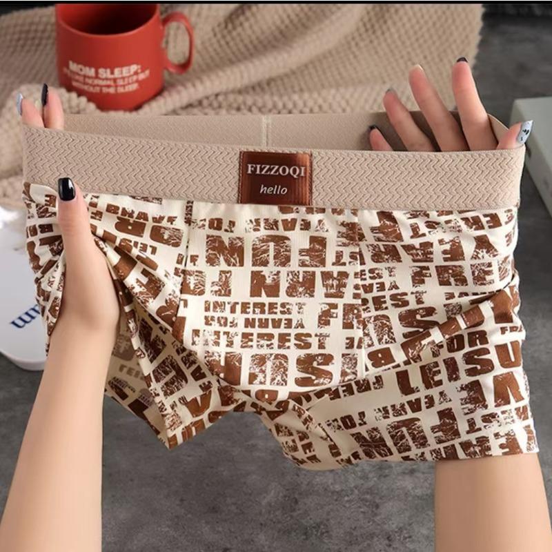 Men's Ice Silk Printed Underwear Comfortable and Breathable Mid Waist Flat Corner Four Corner Shorts