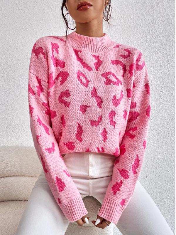 Leopard Print Jacquard Round Neck Women's Knit Sweater - Fashionable Spring & Autumn Pullover