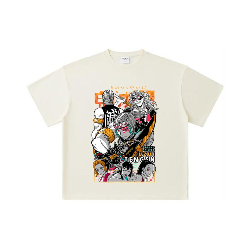 

Хлопковая футболка унисекс плотностью 260 г/м², двойная пряжа, 32 счет, 100% хлопок, с принтом Узуя из Demon Slayer V65 S абрикосовый