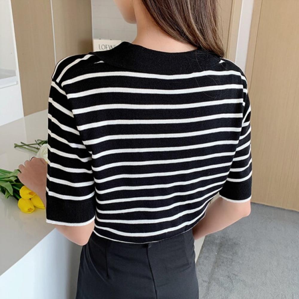 Olivier S cloSet Women Split Collar Stripe Short Sleeve Knit O2506kn602b