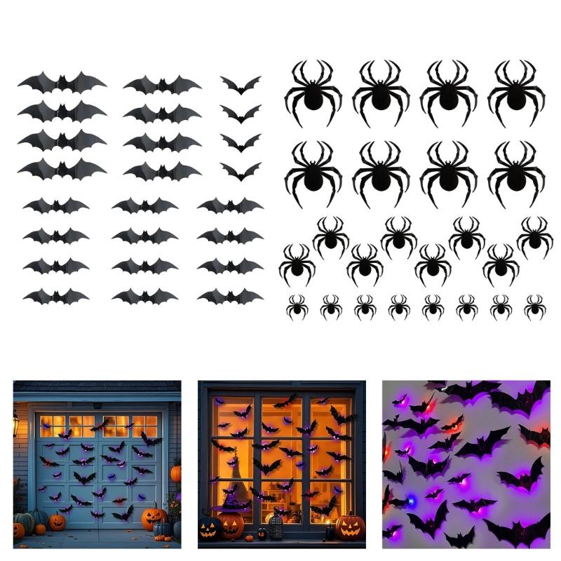 24PCS Eerie Bat/Spiders Shape Wall Sticker With LED Light Effect Mysterious Halloween Atmospheres Accessories
