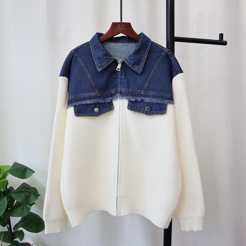 

Осень и зима новый вязаный кардиган из денима в стиле пэчворк, свободный, повседневный, универсальный свитер на молнии, женская куртка one size fits all