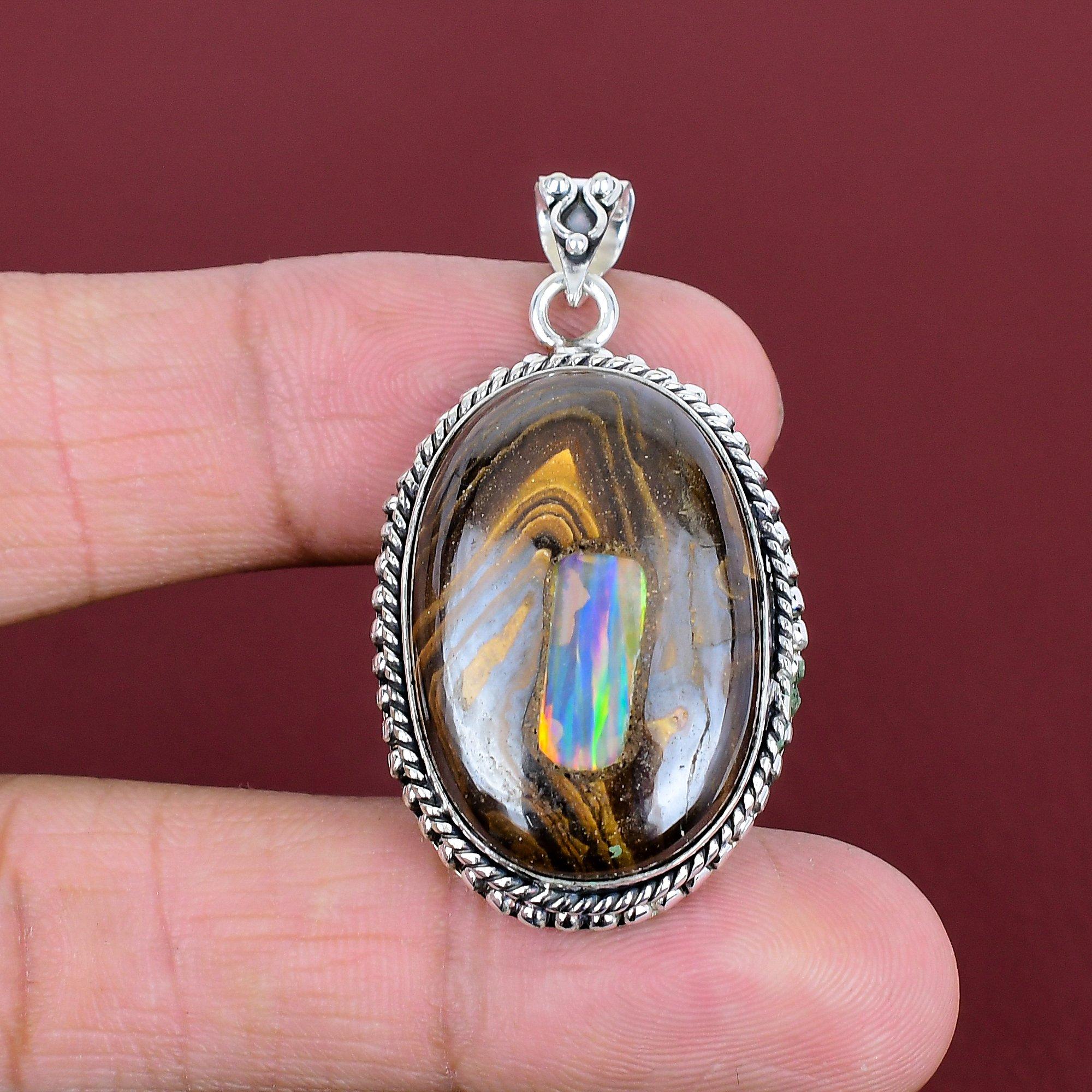 Ethopian opal in boulder opal pendant gemstone handmade pendant 925 sterling silver pendant unique jewelry gifts for mom statement pendant