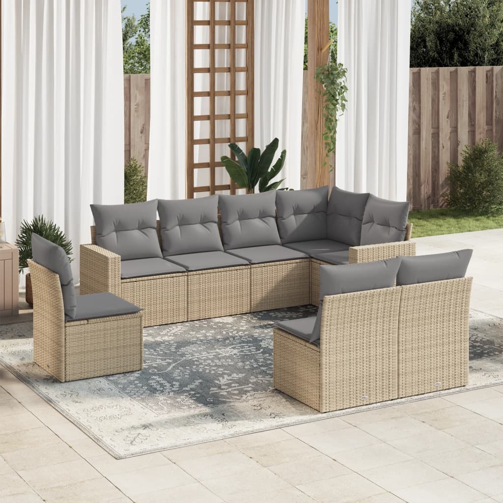 Vidaxl 8-Cz. Garden Furniture Set With Cushions, Beige, Poly Rattan