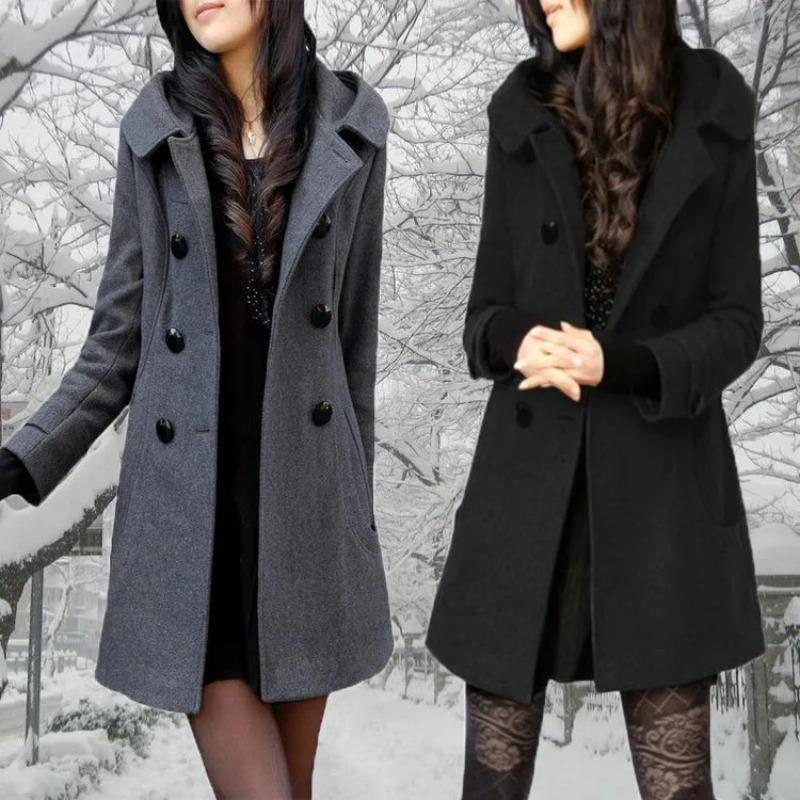 Fashion Winter Warm Mid-length Woolen Coat Women's Fall Winter Long Sleeve Jacket Hood Double-breasted Outerwear