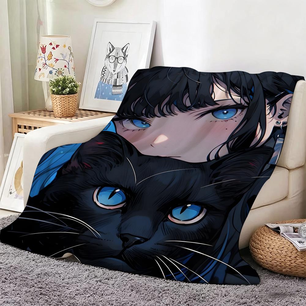Semi realistic Dark aesthetic cat anime Throw Lightweight 240g Flannel Blanket Soft Skin-friendly for Summer Cooling