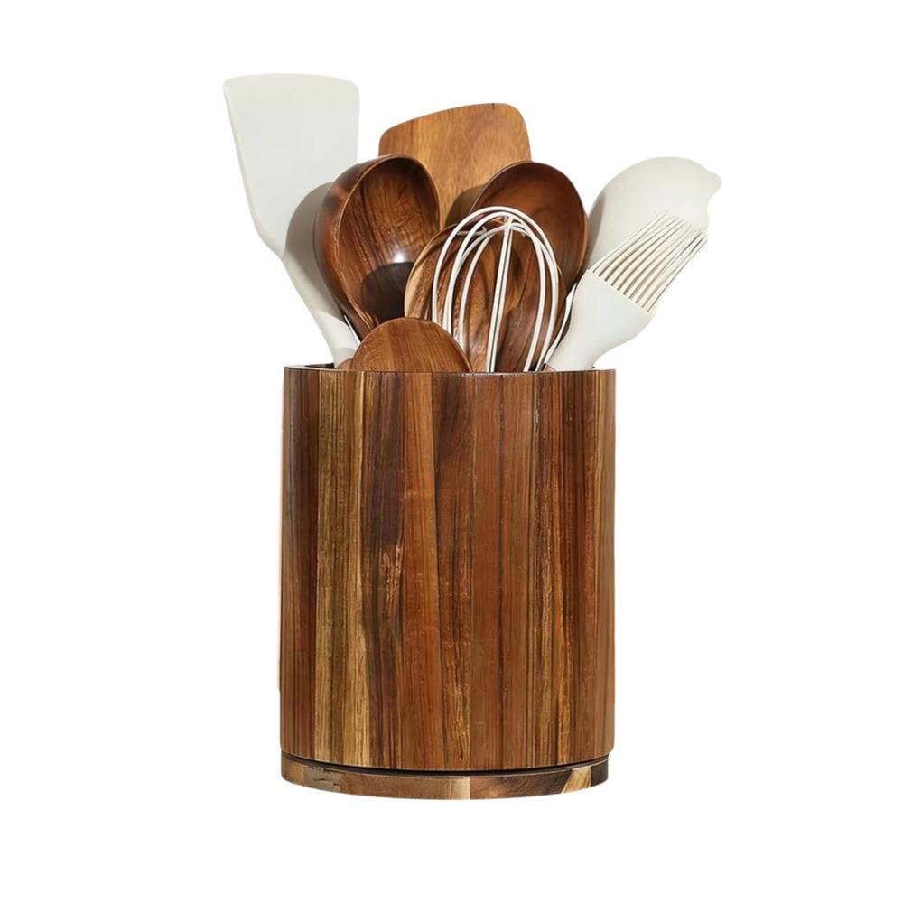 Wooden Kitchen Utensil Holder Farmhouse Style 360° Rotating Cutlery Storage Rack Large Capacity Chopstick Cage Kitchen Counter