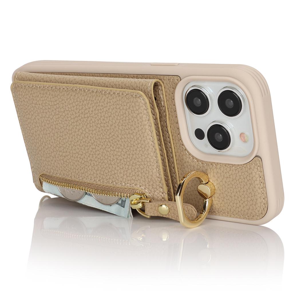 For iPhone 14 Pro Case Card Bag Ring Kickstand PU Leather+TPU Phone Cover with Shoulder Strap