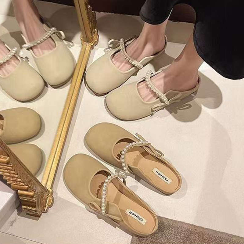 Flat bottom soft bottom bag head half slippers women's outer wear 2025 new spring and summer cool slippers Mary Jane gentle evening shoes