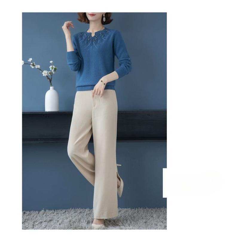 Módní svetr pro maminku z imitace vlny, volný, s výšivkou a kamínky, dámský, pro střední věk, větší velikost, podzimní zima