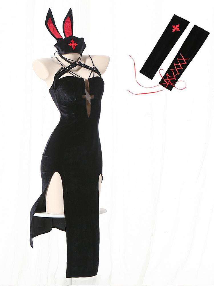 Women Sexy Lingerie Nun Uniform Cosplay Role Play Costumes Halloween Stage Outfit High Neck Flare Sleeve Dress with Headscarf