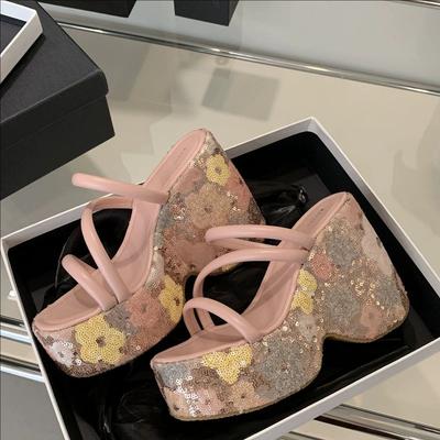 Mode 2025 Neu Rosa/Schwarz Glänzende Pailletten Blume Mehrfarbig Damen Schuhe Peep Toe Plateau Keilabsatz High Heels Outdoor Slipper Sandalen