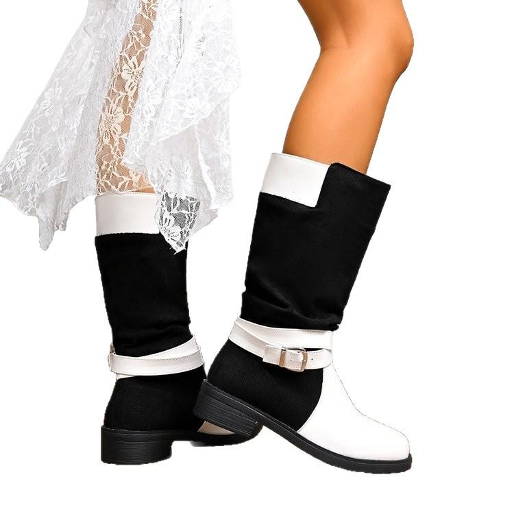 Cowboy Boots For Women Anti-Slip Low Heels Round Toe Cowgirl Boots Knee High Western Booties Women's Chunky Block Heel Wide Calf Pull On Walking Boots