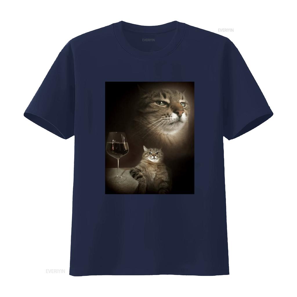 Funny Cat and Wine Art Print T Shirt for Lovers vintage Washed Comfortable streetwear fashion Soft Stretched Casual
