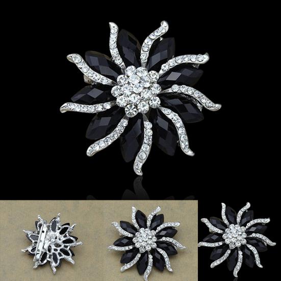 Women's Xmas Gift Blossom Flower Brooch Black Crystal Rhinstones Collar Pin