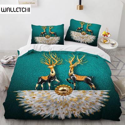 Cartoon Elch Bettbezug King Queen Größe Goldenes Hirschmuster Bettwäscheset für Teenager Erwachsene Wilder Bock Steppdeckenbezug mit Kissenbezug