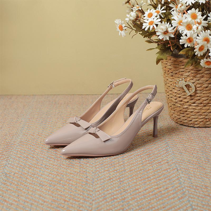 

French patent leather baotou sandals women s 2025 summer new versatile stiletto pointed one-word buckle with temperament high heels 40