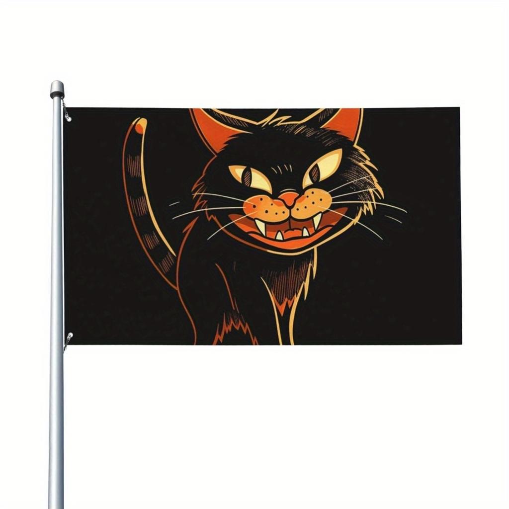 2D Door Banner Durable Outdoor Banner Featuring a Striking Design of a Cat with Orange Eyes on a Black Background, Measuring 91.44X152.4Cm, Perfect fo