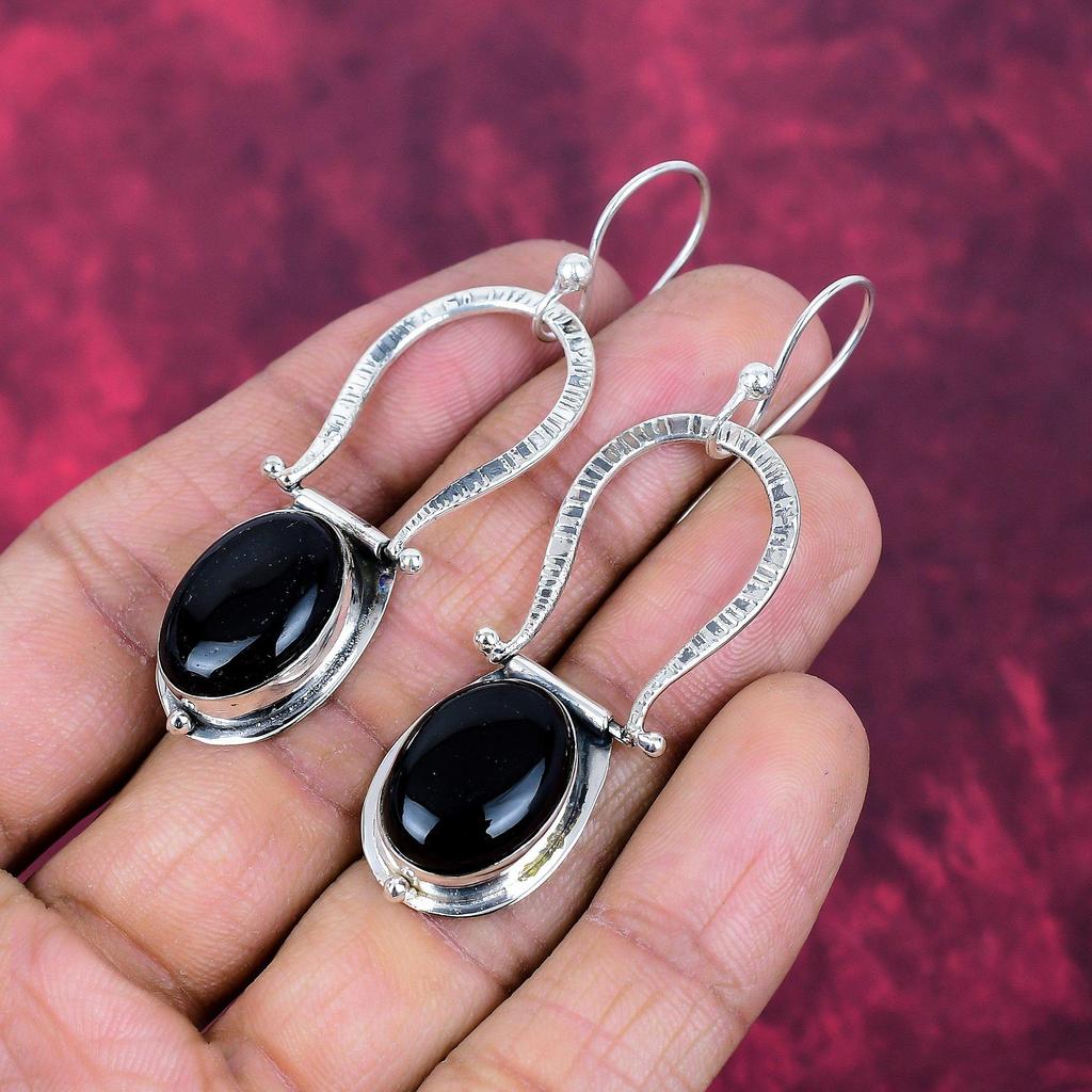 Black Onyx Gemstone Silver Jewelry, 925 Sterling Silver Earrings, Handmade Designer Onyx Earrings Gift For Catholics