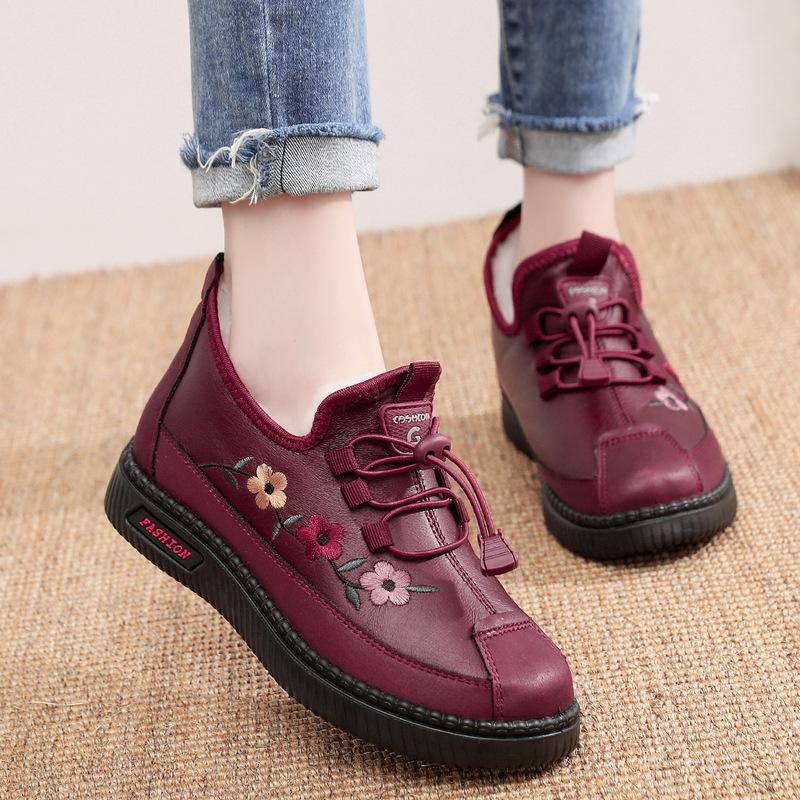 

Зимние шерстяные красные хлопковые туфли женские повседневные туфли с круглым носком для пожилых леди теплые туфли с вышитой подошвой из говяжьих сухожилий женские туфли утолщенные 35 красный