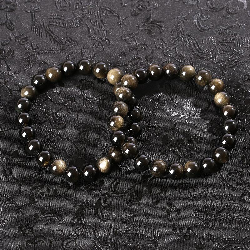 Natural Golden Obsidian Stone Beads Bracelet Men Women Golden Light Rainbow Obsidian Raw Stone Round Bead Natural Energy Jewelry