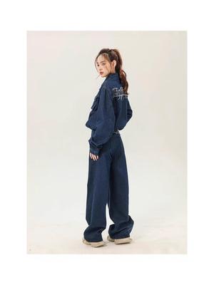 Patchwork Embroidery Denim Jacket and Wide-Leg Pants Set for Men & Women - Autumn Fashion, Retro College Style