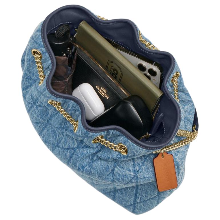 Coach Denim Quilted Drawstring Shoulder Bag with Chain Strap for Daily Use
