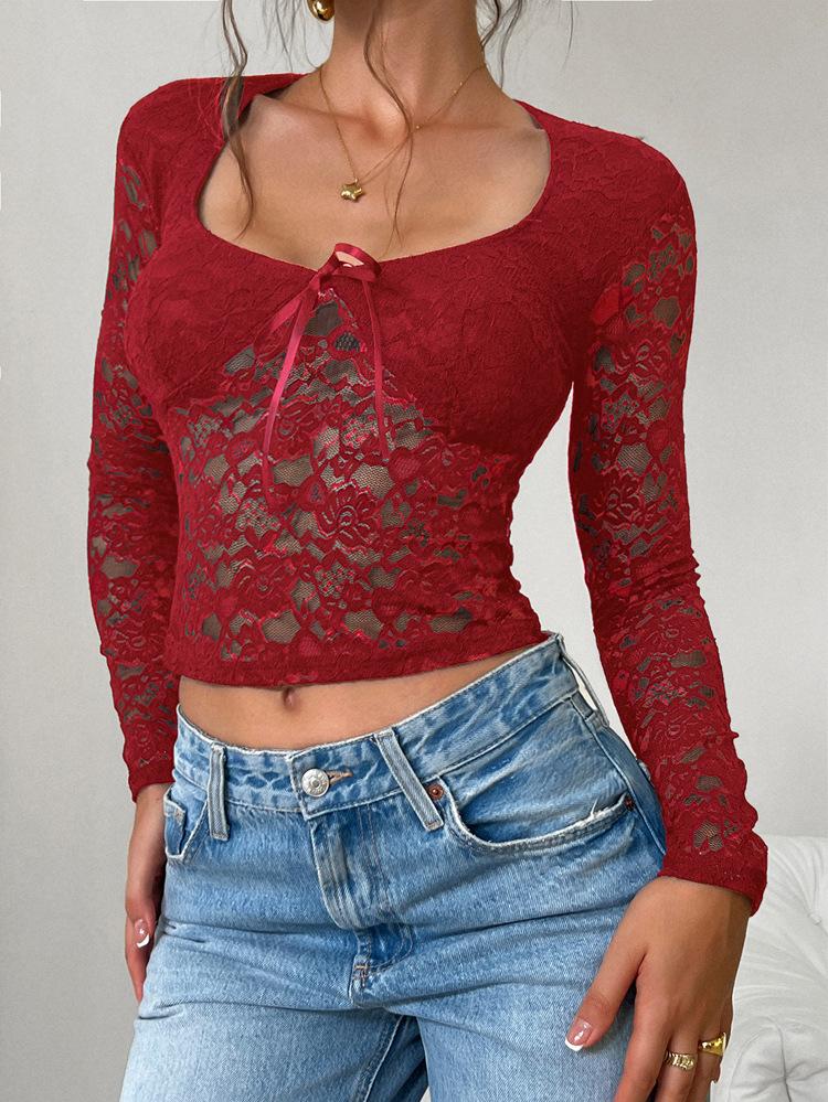 Women y2k Sexy Wind Slim Hollow Long Sleeve Tie Lace Shirt Top