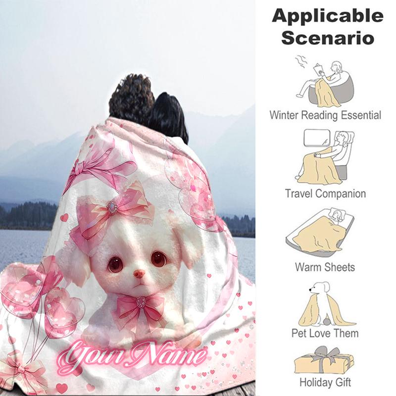 1PC Custom Name Pink Bow Puppy Love Flannel blankets Patterns Throw Blanket All-Season Soft Gift for Couch, Bed, Camping gifts