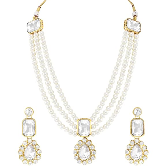 Gold Plated Kundan Long Necklace Earring Indian Traditional Jewellery Set for Women & Girls