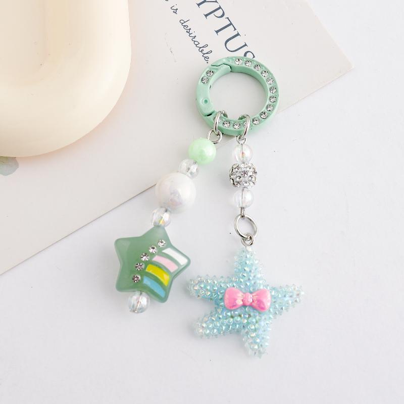 Starfish Beaded Keychain Imitation Pearl Acrylic Pentagram Keyring Girls Earphone Case Phone Decor Ornaments