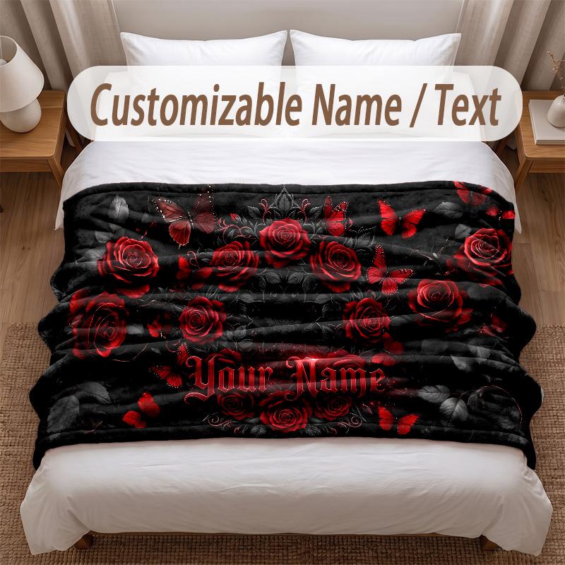 Rose Floral Theme Soft Blanket Personalized Custom Name Text Print Warm Blanket Home Sofa Bedroom Decor