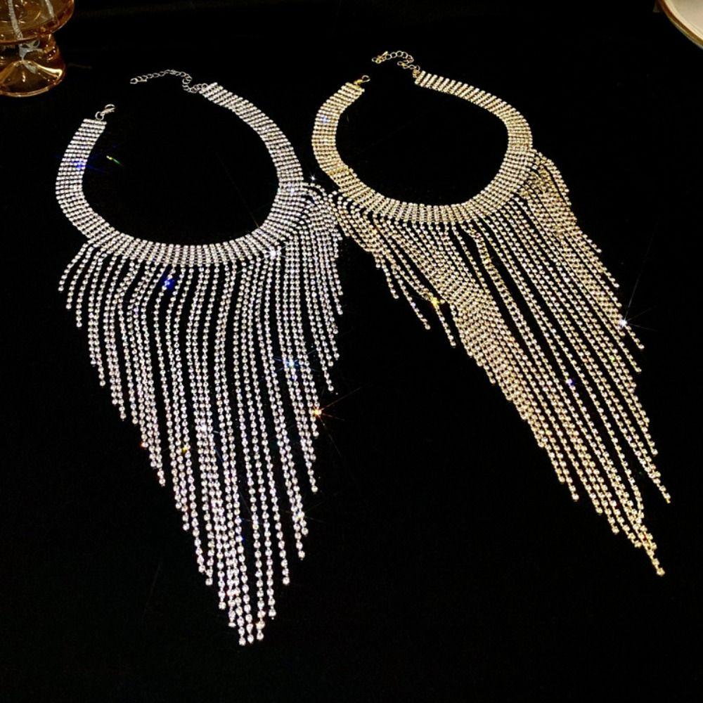 Korean Style Long Tassel Necklace Geometric Clavicle Chain Elegant Full Rhinestone Necklace Gift