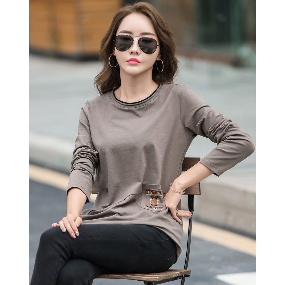 Spring and Autumn Embroidered Pocket Long Sleeve T-shirt Women's Large Size Women's Splicing Bottom Shirt Top