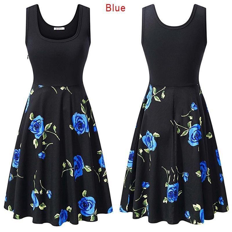 Robe d'été sans manches en coton à imprimé floral rétro pour femme, col rond, style vintage