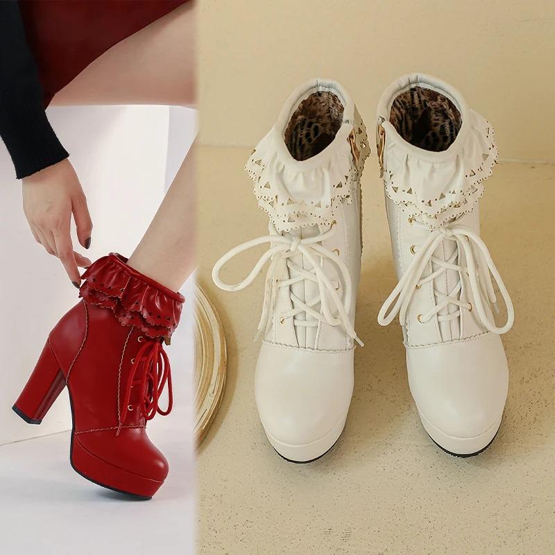 Fashion Autumn Winter Women Lolita Boots Japanese Sweet Faux Leather Shoes Ruffle Trim Lace Up Princess Lolita Cosplay Mid Calf Boots