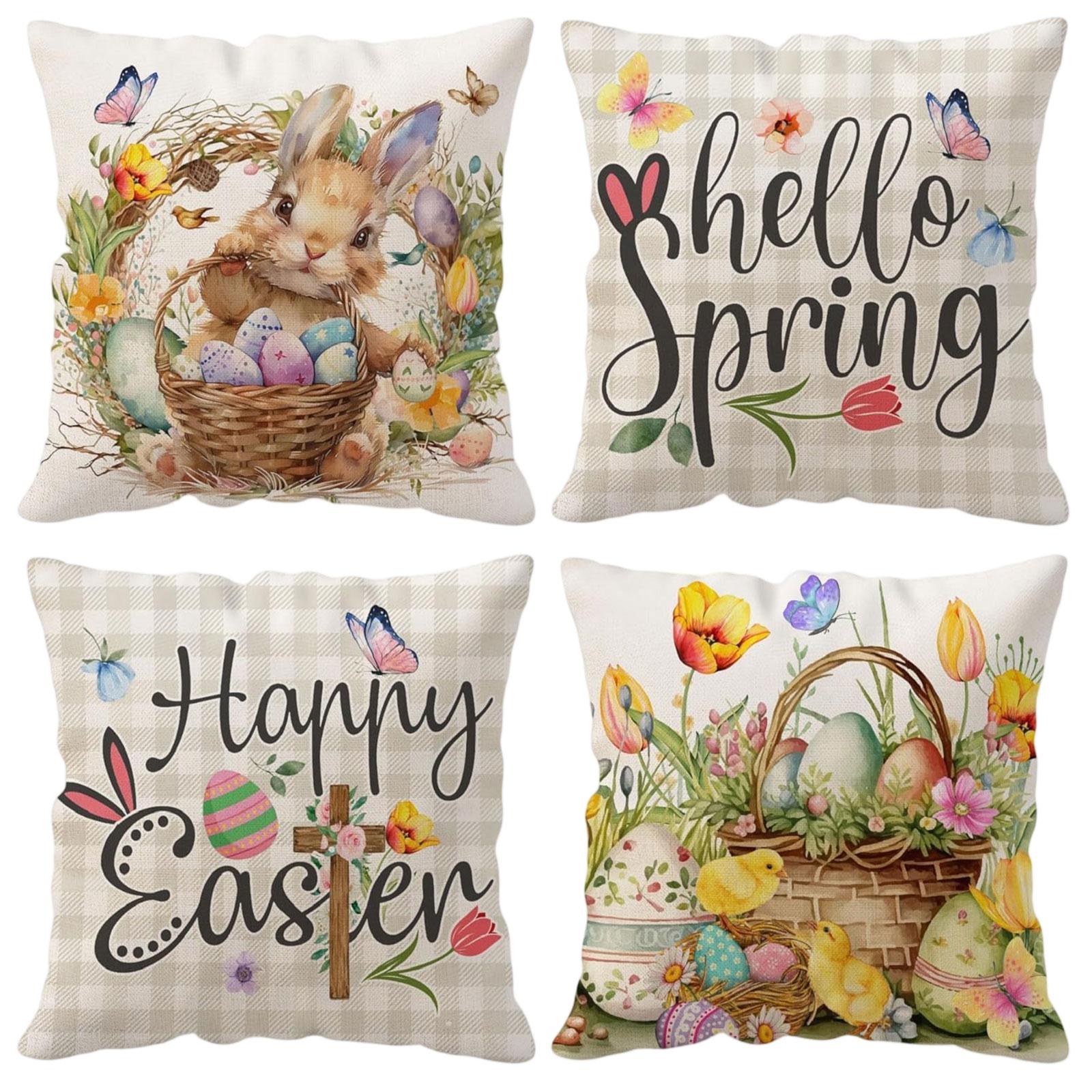 4pcs Easter Bunny Eggs Throw Pillow Covers 18x18In Easter Cushion Covers He Is Risen Bunny Floral Eggs Farmhouse for Sofa Couch 7800₽