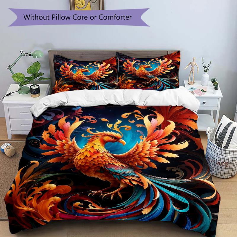 3pcs Flaming Phoenix Patterns Quilt Cover Set - Soft and Cozy Bedroom, Guest Room and Dorm Decorative Bedding 3-Piece Set 1 Quilt Cover + 2 Pillo