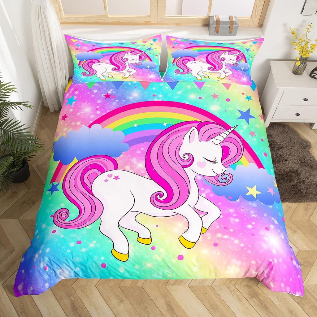 Comforter Unicorn Queen Pink Flowers Bedding Set For Kids Girls Bedroomromantic Sparkle Galaxy Stars Comforter Unicorn