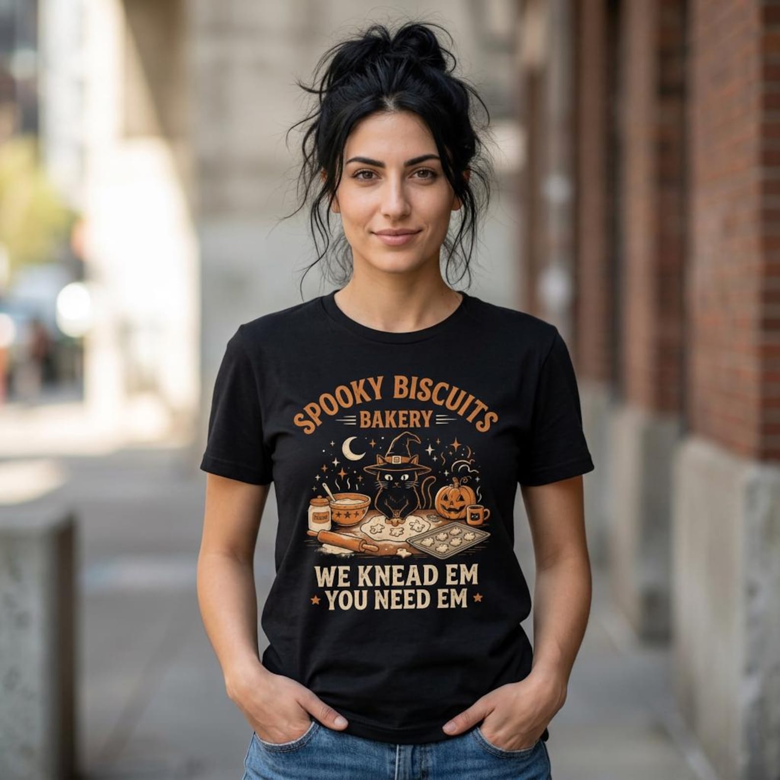 Spooky Biscuits Bakery T-Shirt; Funny Black Cat Halloween Tee; Fall Pumpkin Baker Graphic Top 2XL