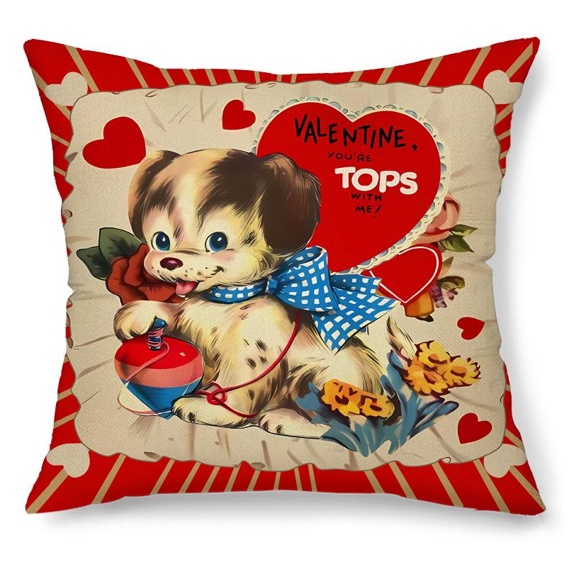 Valentine's Day Pillow Cover Red Heart Puppy Retro Pillow Cover Decoration for Sofa Bedroom Living Room Cushion Cover